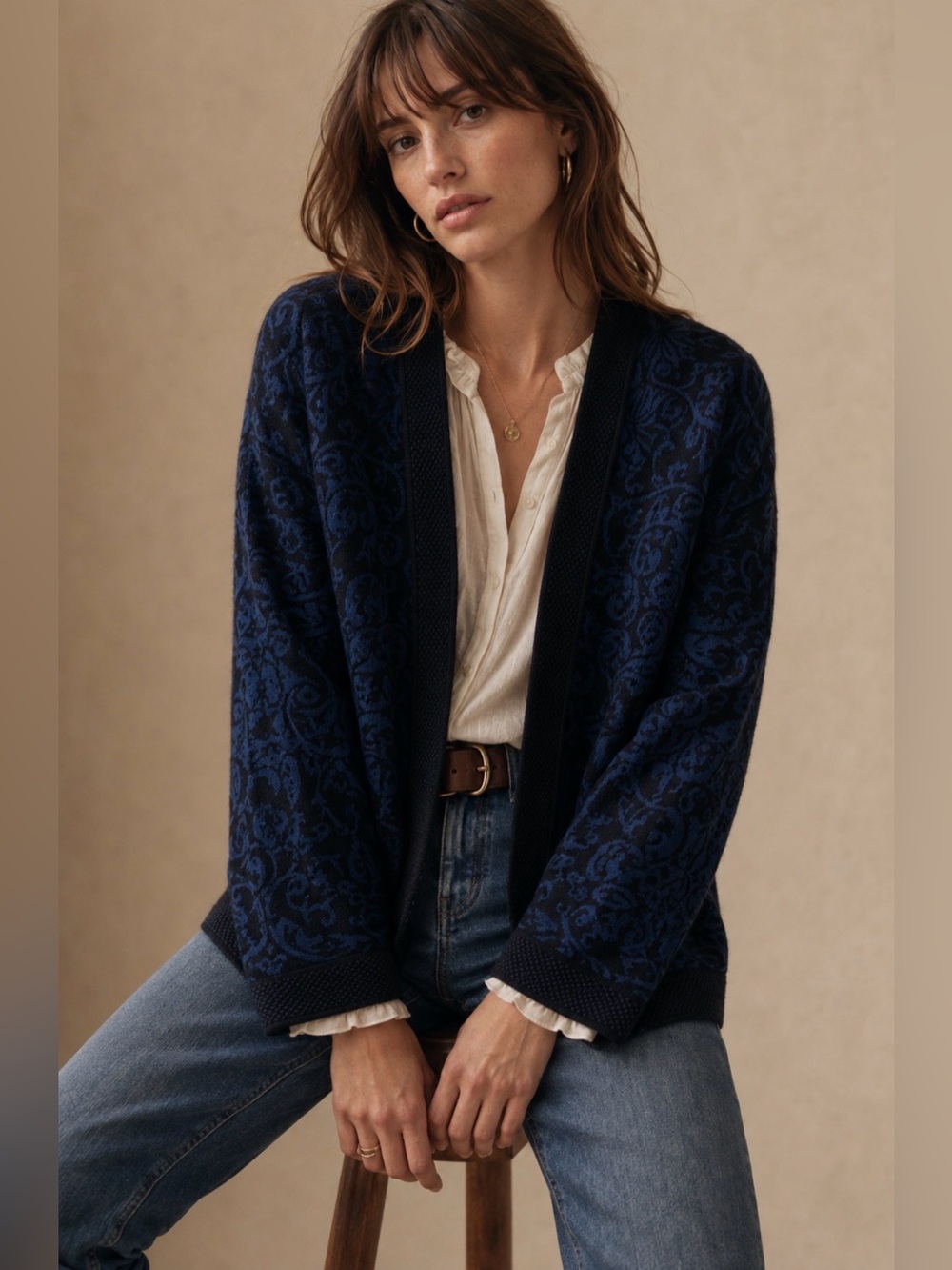 💎 SOL baby alpaca silk blend Blue and Black patterned open cardigan
